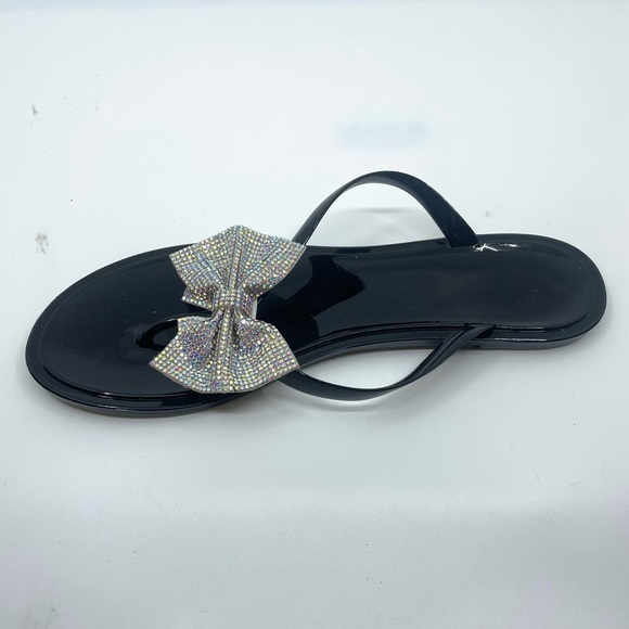 Black Shiny Thong Sandals with Glitter Metallic Bow - Picture 2 of 5